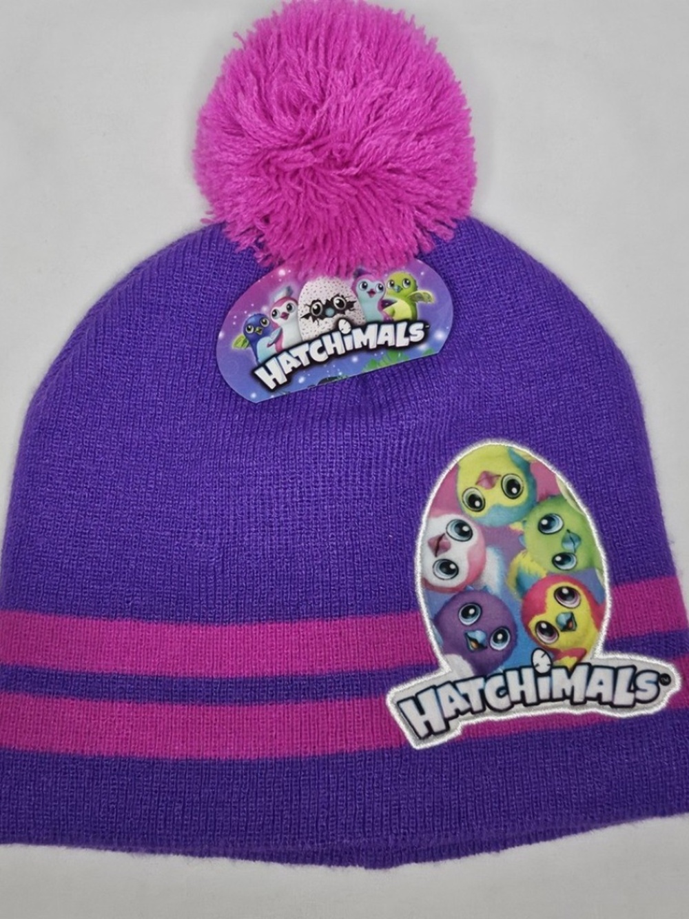 New Girls Hatchimals Purple Fuschia Pink Pom Pom Beanie Winter Hat One Size
